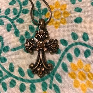 VCLM  Vintage Bronze Tone Rhinestone Cross Necklace
